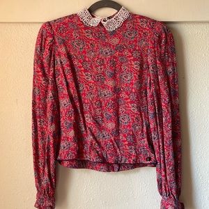 Vintage JH Paul floral cropped button back blouse with lace collar